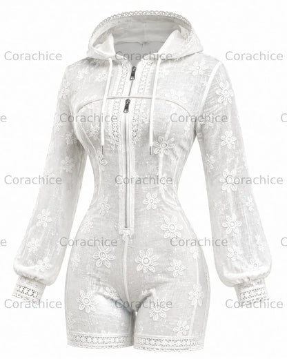 Cardydony Women's Japanese style white floral irregular cut two-piece bodysuit