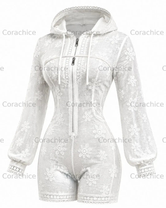 Cardydony Women's Japanese style white floral irregular cut two-piece bodysuit