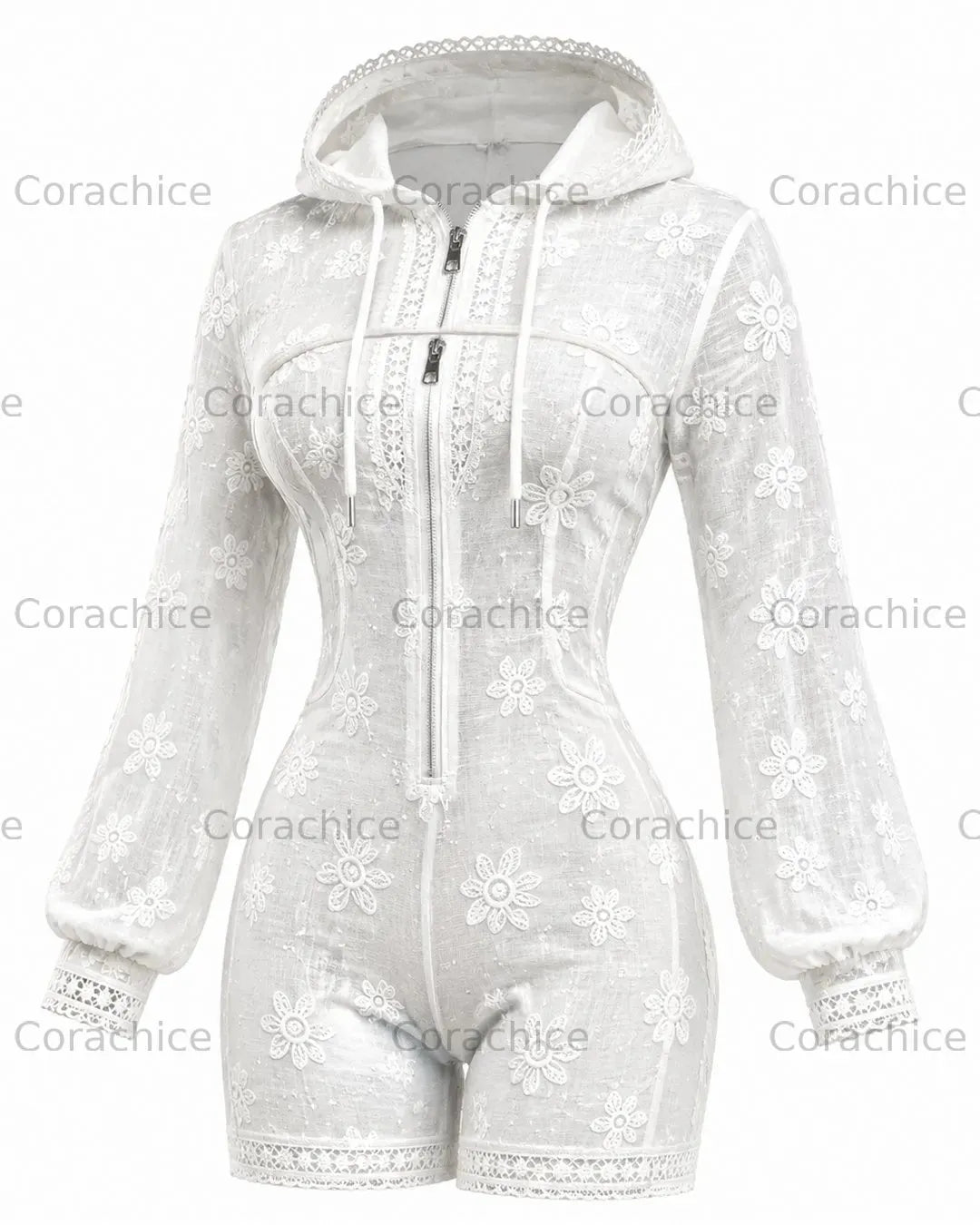 Cardydony Women's Japanese style white floral irregular cut two-piece bodysuit