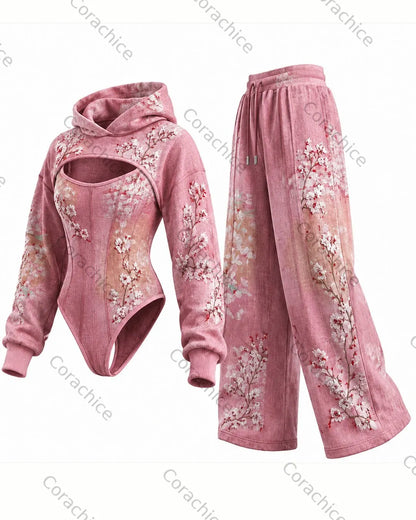 Cardydony Women's Japanese Retro Floral Embroidery Irregular Cut Two-Piece Bodysuit & Pants