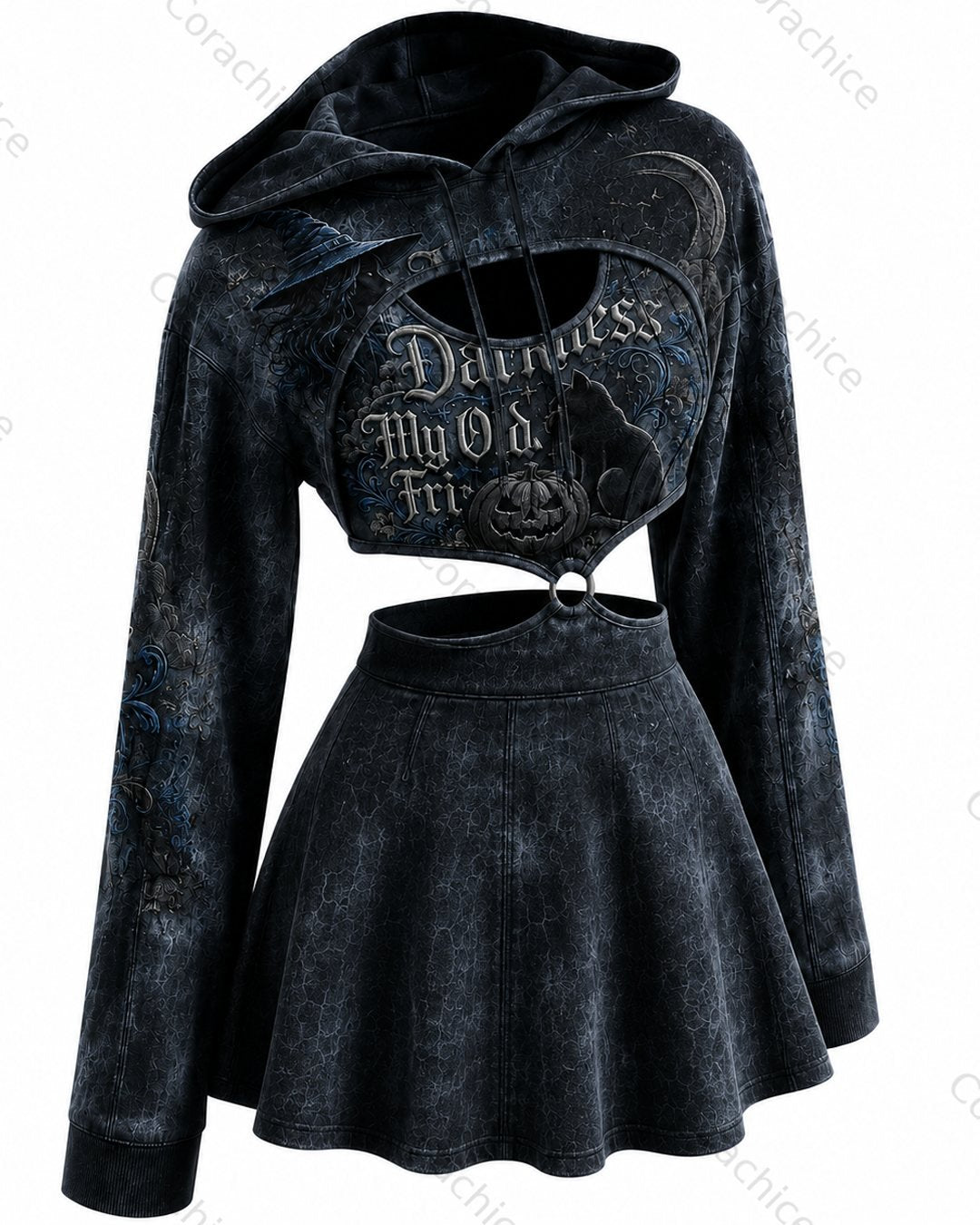 Cardydony Women's Halloween-themed printed irregular cut two-piece top and skirt