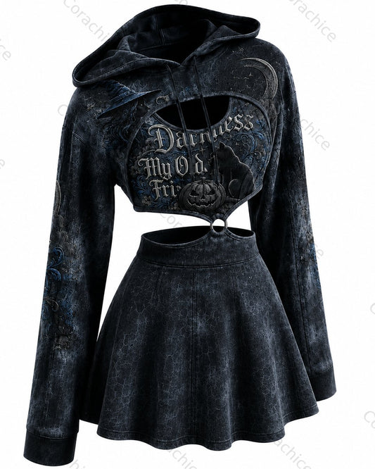 Cardydony Women's Halloween-themed printed irregular cut two-piece top and skirt