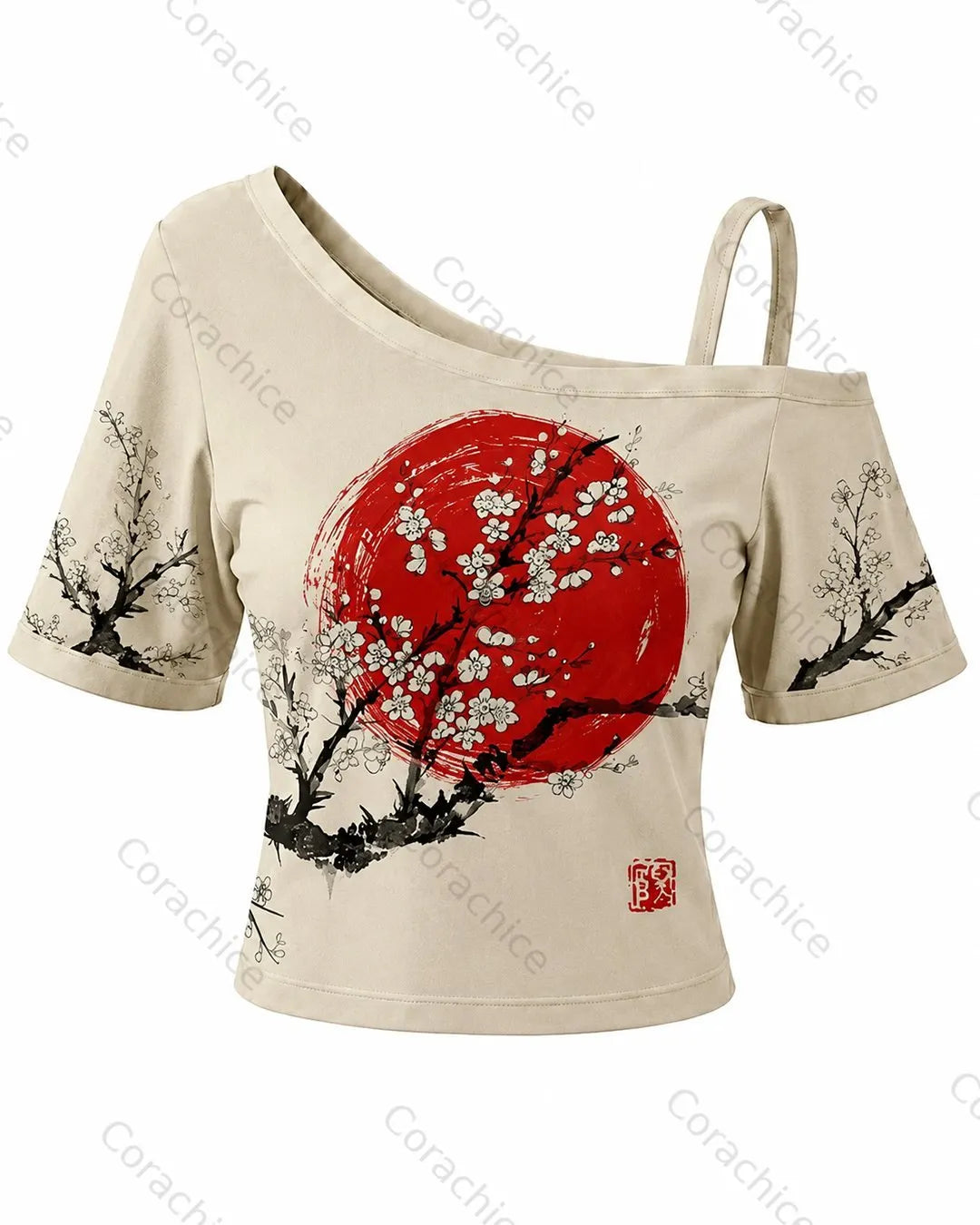 Cardydony Women's Japanese-Style Printed Fitted Off-the-Shoulder Cropped T-Shirt