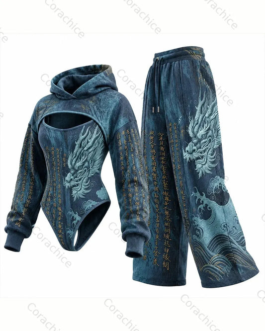 Cardydony Women's Japanese Retro Art Embroidery Irregular Cut Two-Piece Bodysuit & Pants