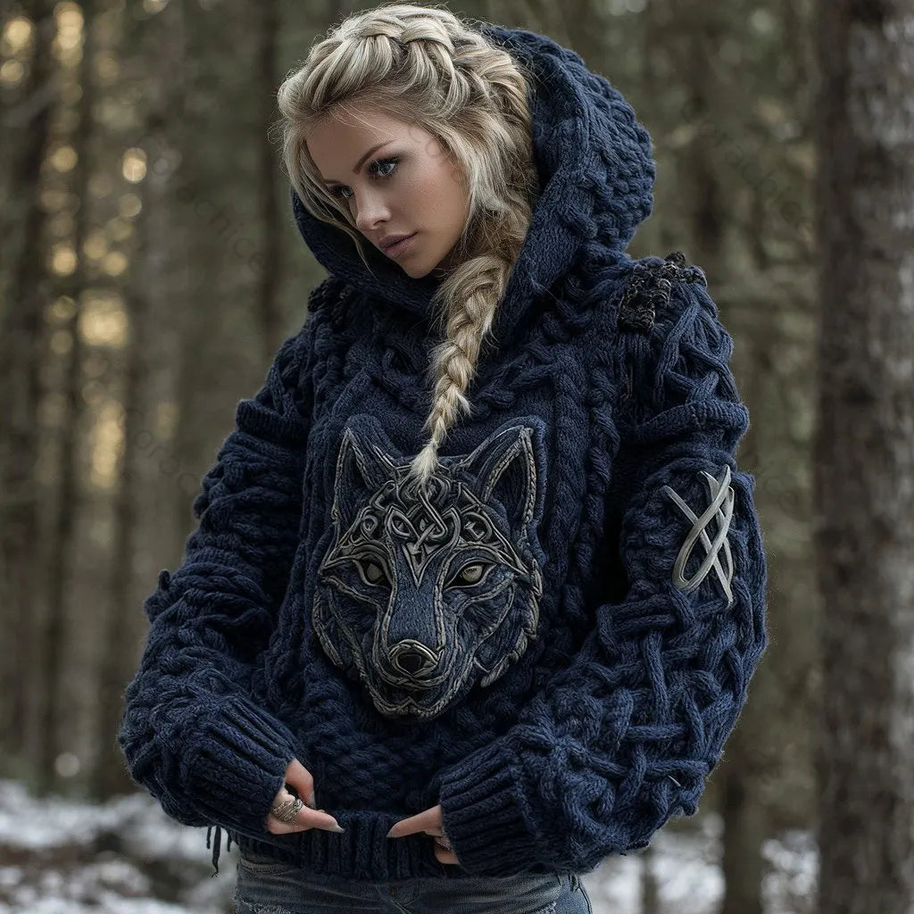 Cardydony Women's Viking Celtic Wolf Knit Jacquard Warm Hooded Sweater