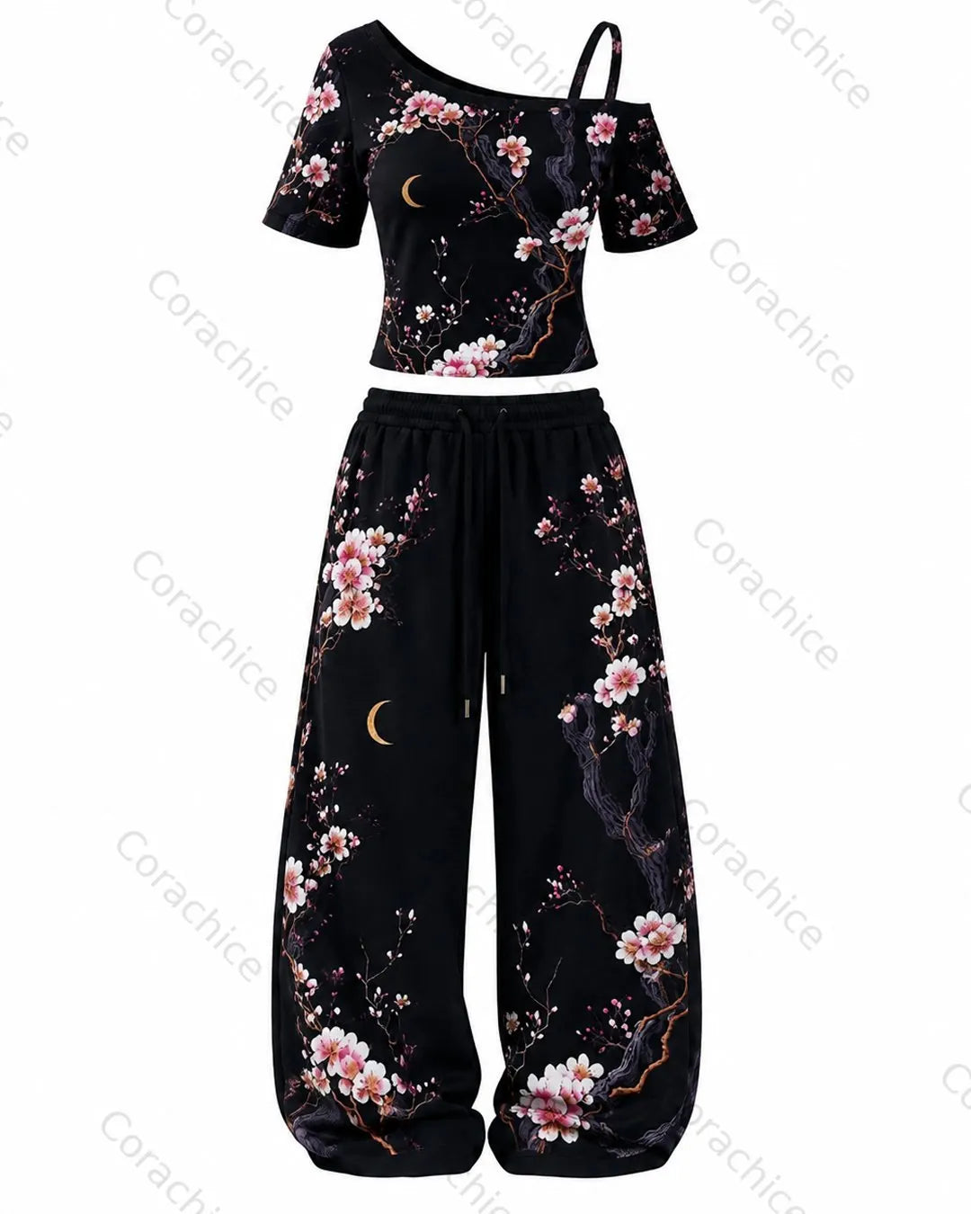 Cardydony Women's Japanese-Style Printed Cropped Off-the-Shoulder T-Shirt and Long Pants Two-Piece