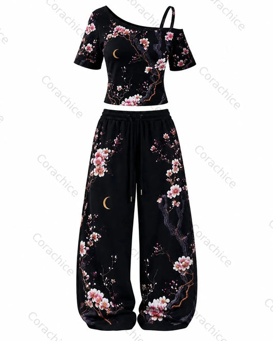 Cardydony Women's Japanese-Style Printed Cropped Off-the-Shoulder T-Shirt and Long Pants Two-Piece