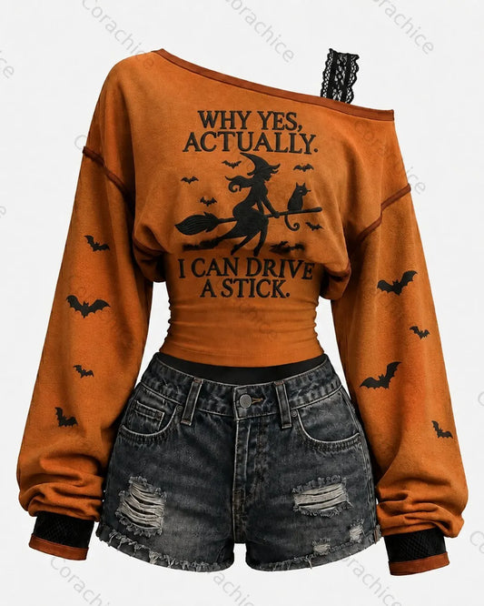 Cardydony Women's Halloween-Themed Print Color-Blocked Long-Sleeve Off-the-Shoulder T-Shirt