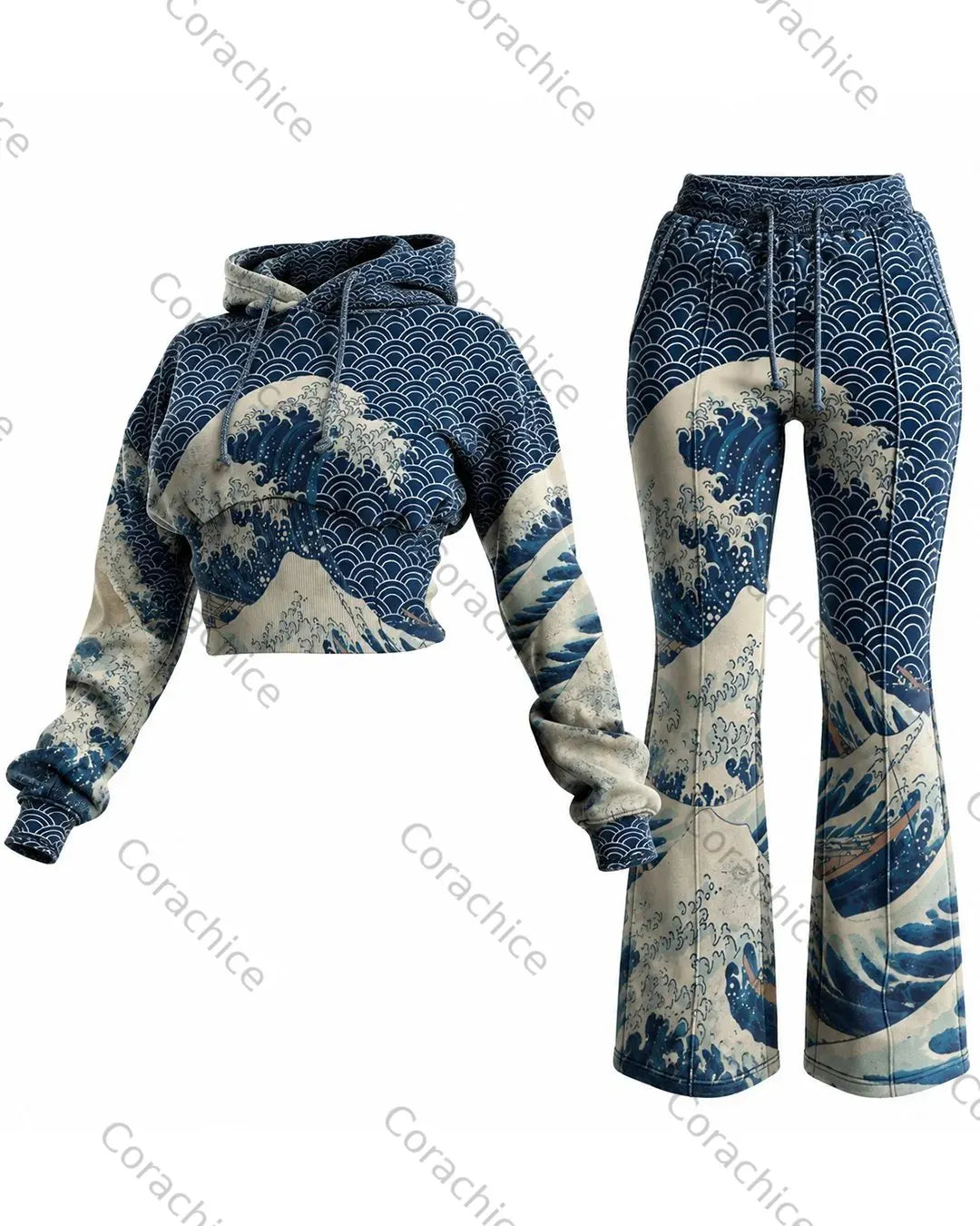 Cardydony Women's Fall and Spring Japanese-Style Printed Long-Sleeve Hooded Sweatshirt and Pants Two-Piece