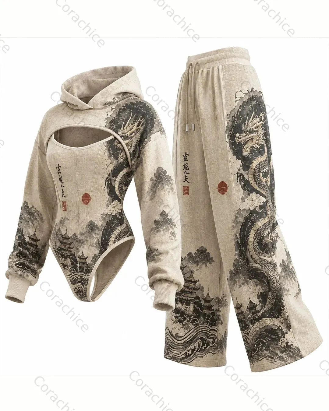 Cardydony Women's Japanese Retro Art Embroidery Irregular Cut Two-Piece Bodysuit & Pants