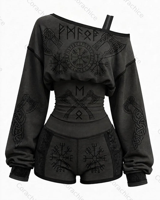 Cardydony Women's Viking-Print Off-the-Shoulder Short-Sleeve T-Shirt and Shorts Two-Piece