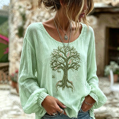 Cardydony Women's Retro Viking Tree Of Life Pattern Casual Linen Blend T-shirt