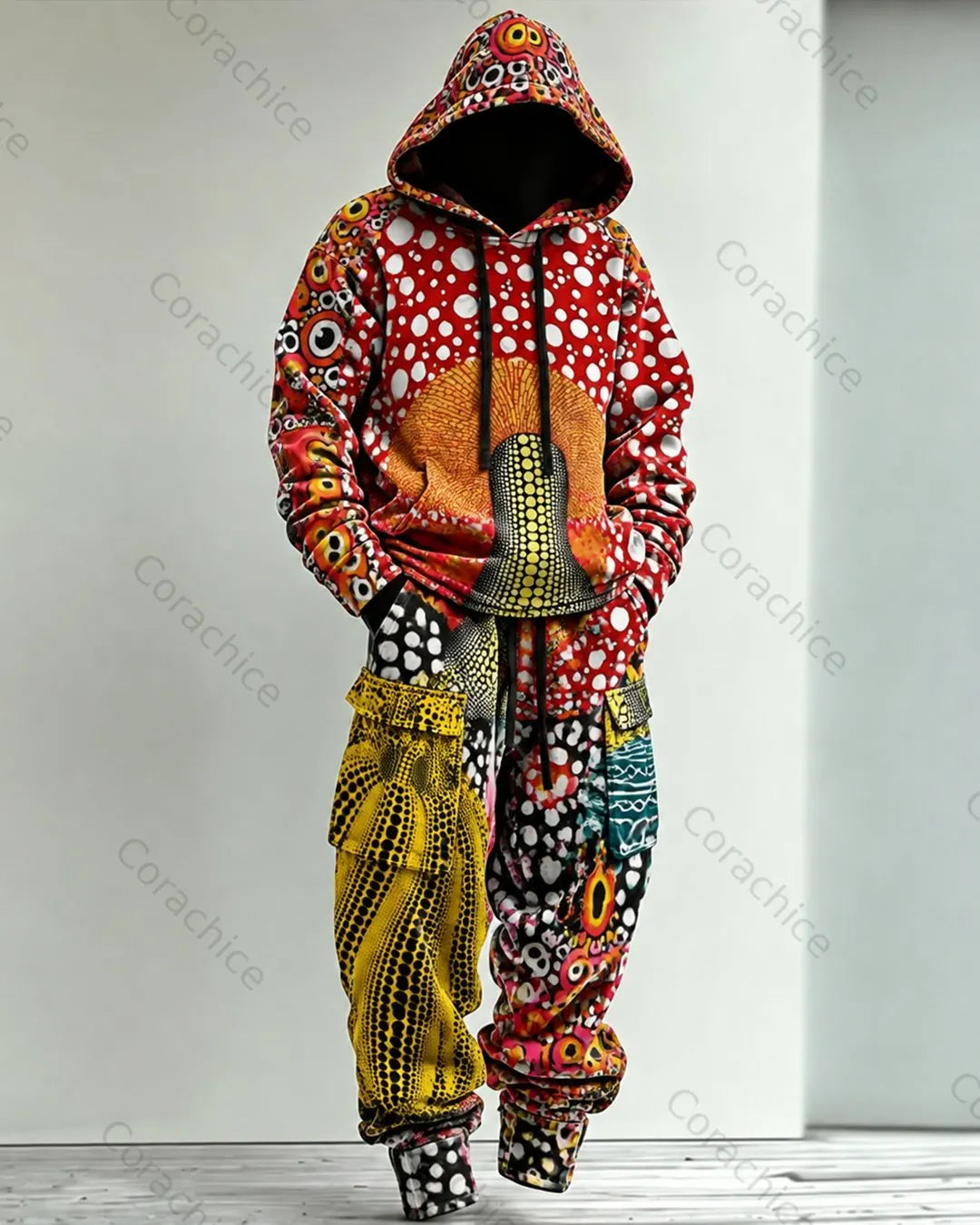 Cardydony Men's Fall & Winter Japanese-Style Art-Print Hoodie and Pants Two-Piece