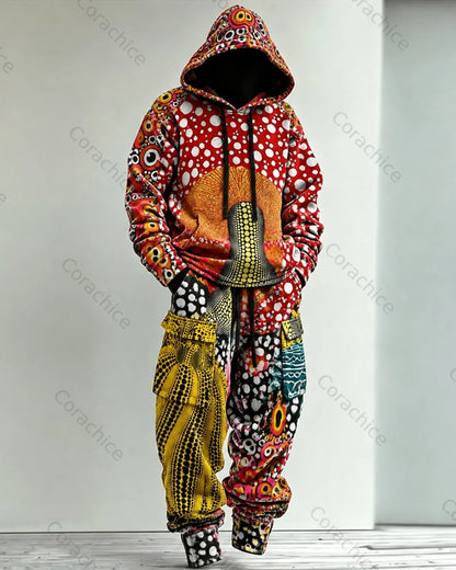 Cardydony Men's Fall & Winter Japanese-Style Art-Print Hoodie and Pants Two-Piece
