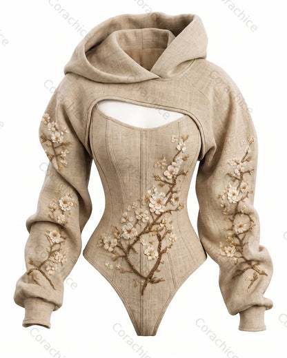 Cardydony Women's Japanese-Style Printed Fitted Hooded Jumpsuit