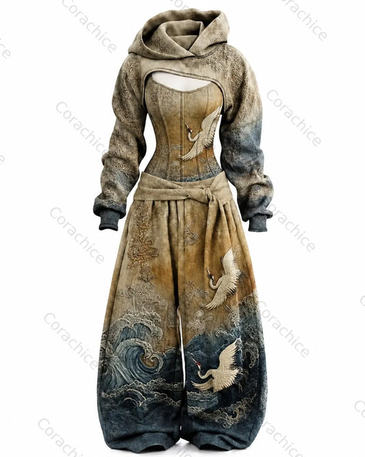 Cardydony Women's Japanese-Style Printed Long-Sleeve Fitted Jumpsuit and Pants Two-Piece