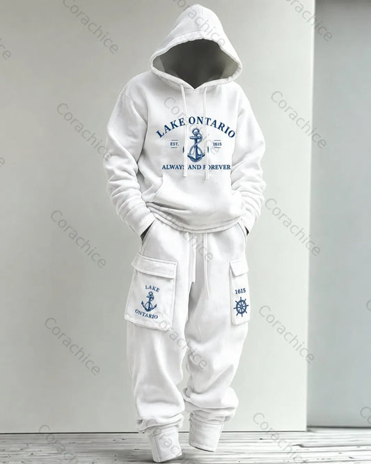 Cardydony Men's Casual National Geographic Print Hoodie & Pants Two-Piece