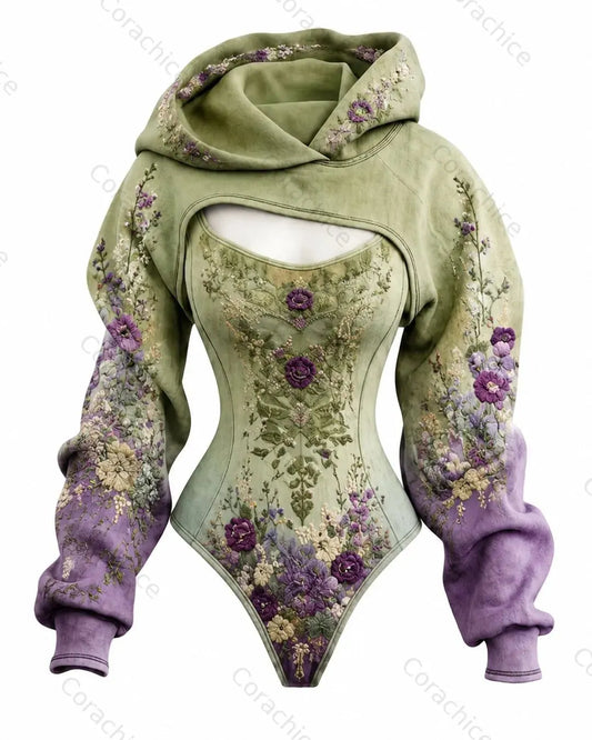 Cardydony Women's Floral Embroidered Gradient Fitted Hooded Jumpsuit