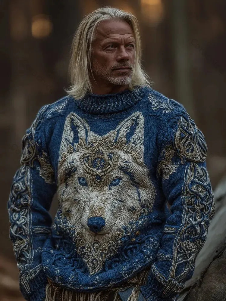 Cardydony Men's Viking Wolf Knit Pullover Sweater