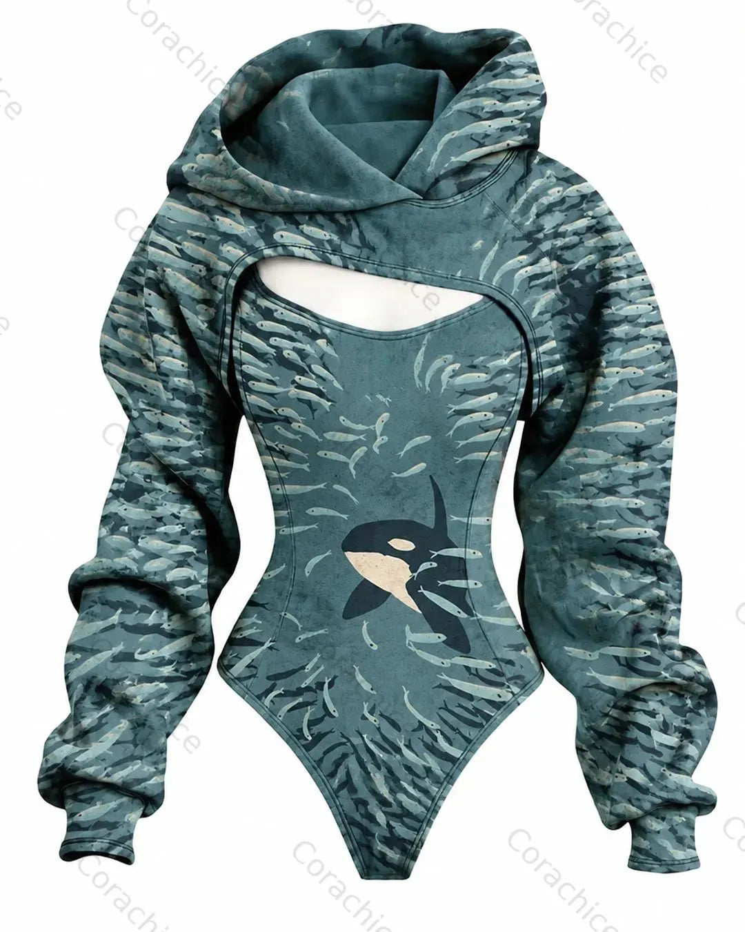 Cardydony Women's Japanese-Style Ocean-Print Fitted Hooded Jumpsuit