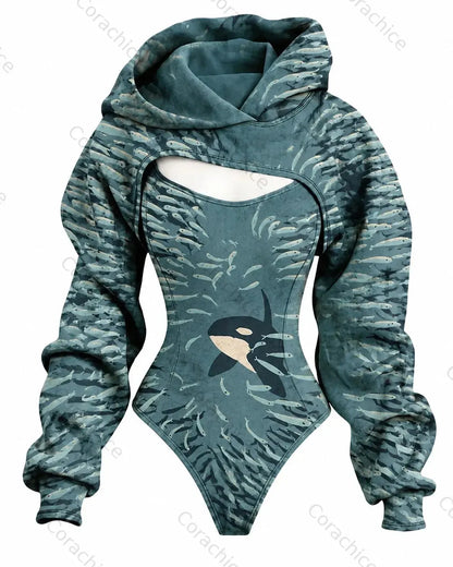 Cardydony Women's Japanese-Style Ocean-Print Fitted Hooded Jumpsuit