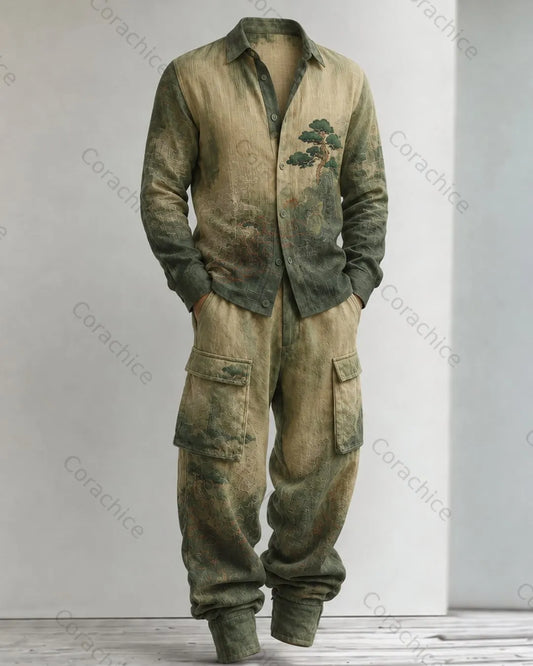 Cardydony Men's Fall and Winter Japanese-Style Printed Hoodie & Pants Two-Piece