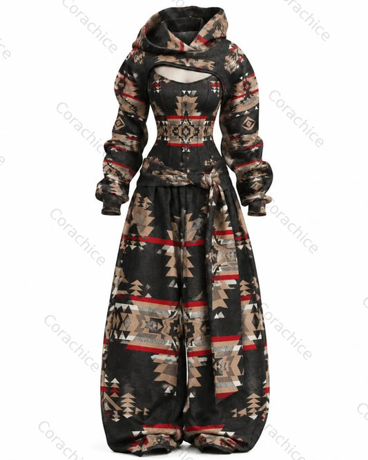 Cardydony Women's Western-Style Aztec-Print Fitted Hooded Jumpsuit and Pants Two-Piece