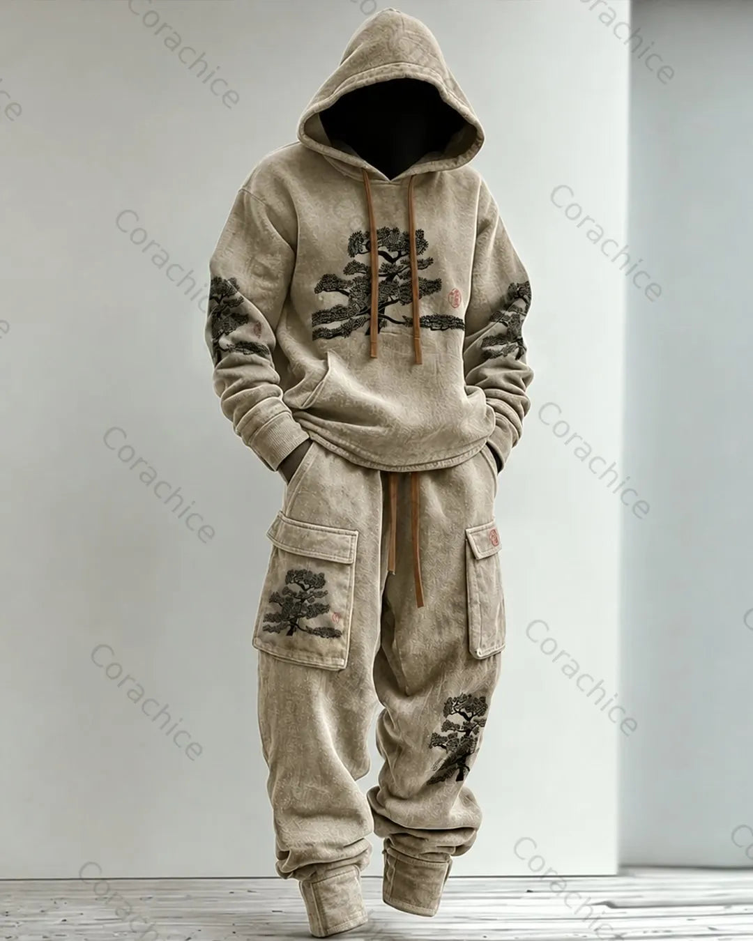 Cardydony Men's Fall and Spring Japanese-Style Printed Hooded & Pants Two-Piece