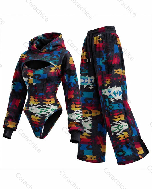 Cardydony Women's Western Ethnic Geometric Print Irregular Cut Two-Piece Bodysuit and Pants