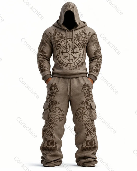 Cardydony Men's Viking Knot Print Hooded Sweatshirt and Pants Two-Piece