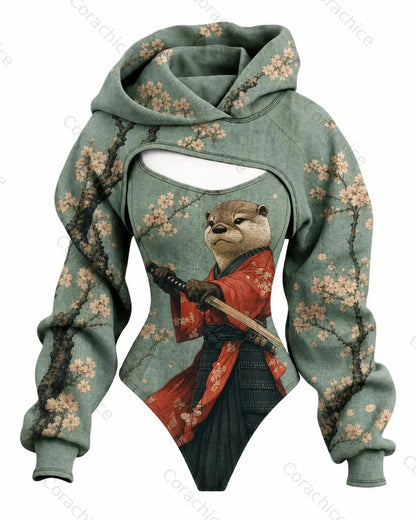 Cardydony Women's Japanese-Style Printed Long-Sleeve Fitted Hooded Jumpsuit