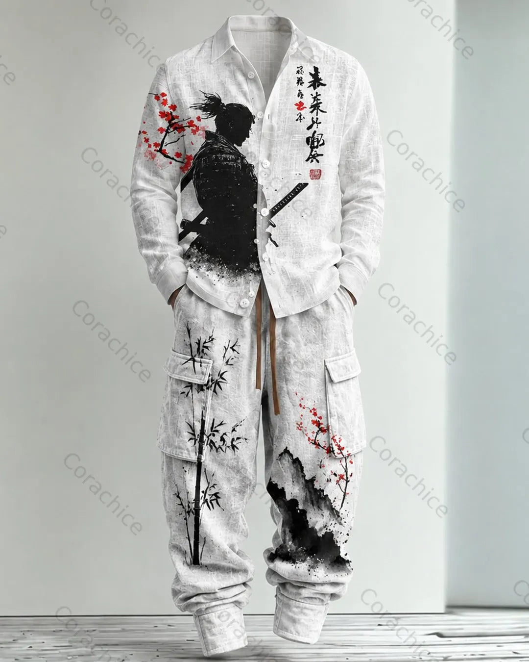 Cardydony Men's Japanese-Style Printed Linen Shirt & Pants Two-Piece