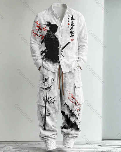Cardydony Men's Japanese-Style Printed Linen Shirt & Pants Two-Piece
