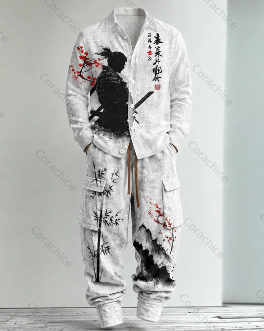 Cardydony Men's Japanese-Style Printed Linen Shirt & Pants Two-Piece