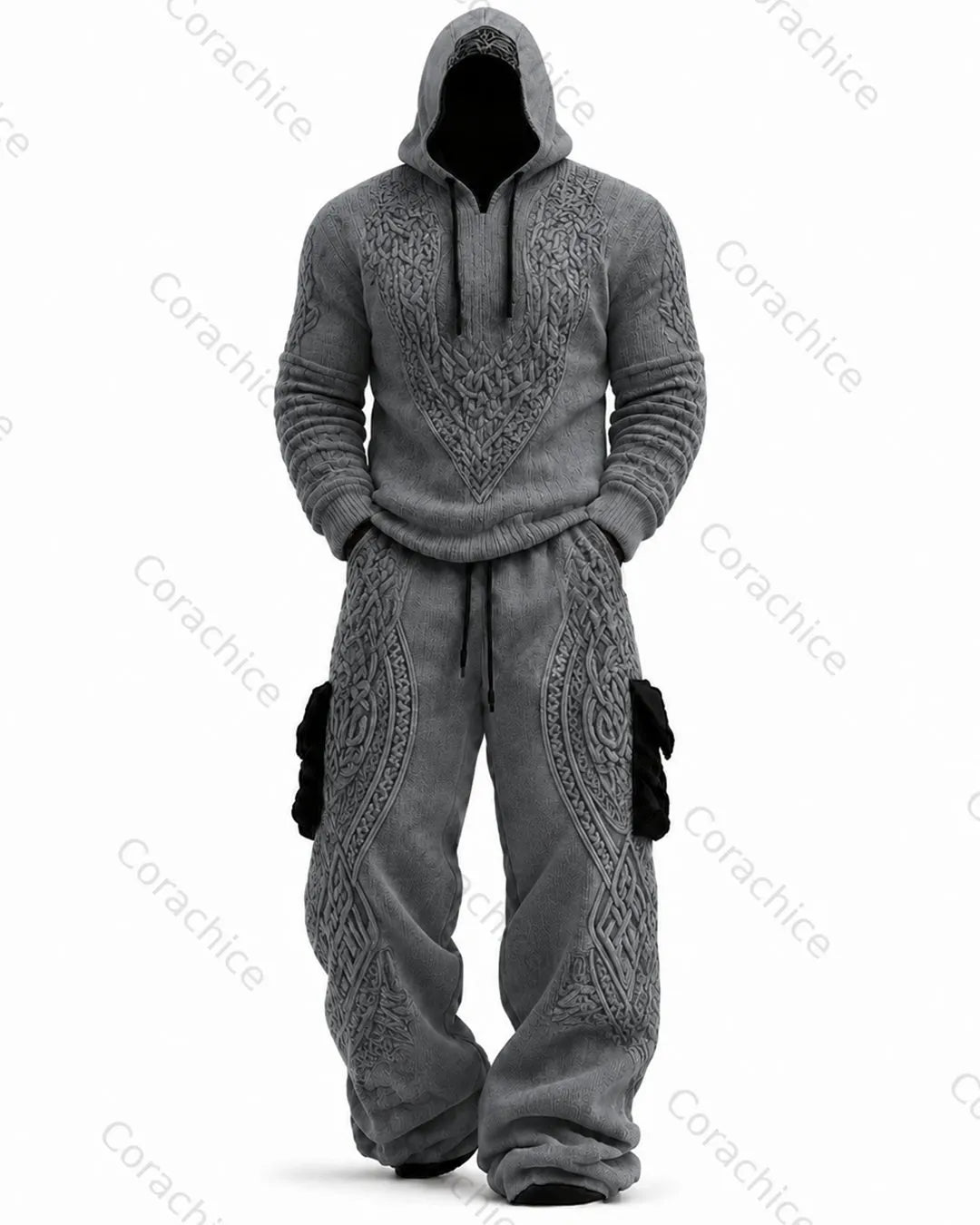 Cardydony Men's Viking Compass Embroidered Knit Hoodie and Pants Two-Piece