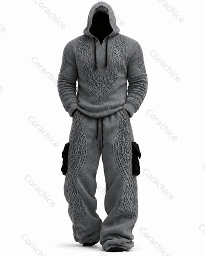 Cardydony Men's Viking Compass Embroidered Knit Hoodie and Pants Two-Piece