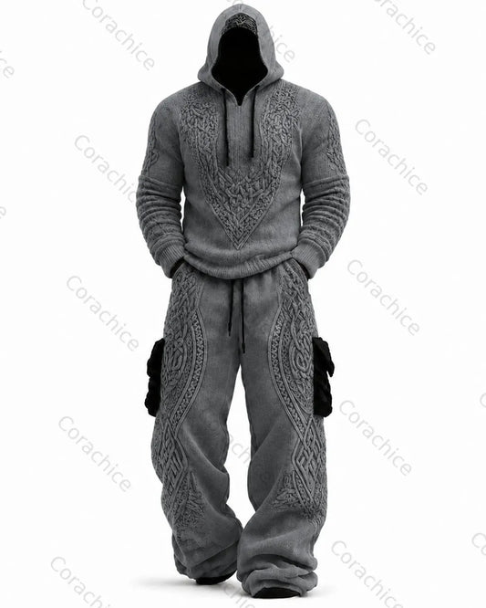 Cardydony Men's Viking Compass Embroidered Knit Hoodie and Pants Two-Piece