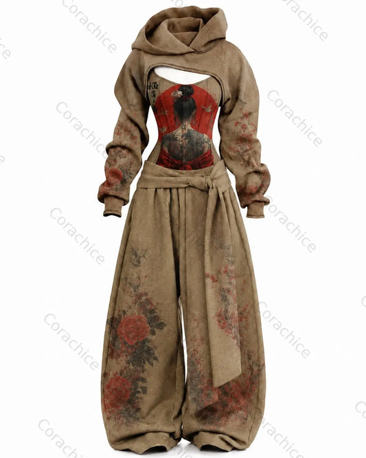 Cardydony Women's Japanese-Style Printed Long-Sleeve Fitted Jumpsuit & Pants Two-Piece
