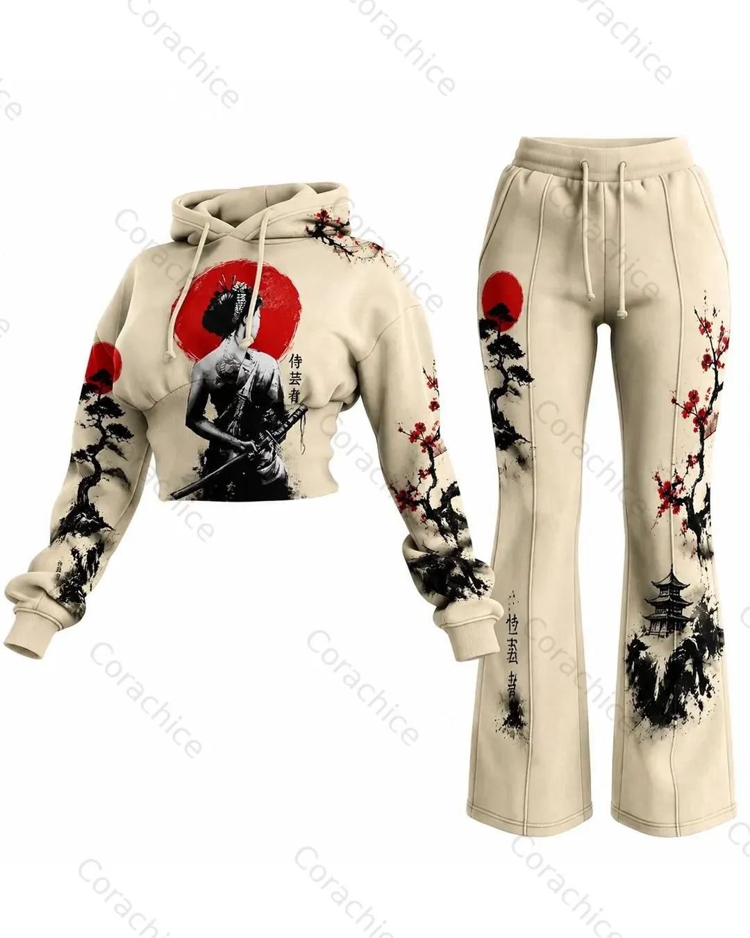 Cardydony Women's Fall and Spring Japanese-Style Printed Long-Sleeve Hooded Sweatshirt and Pants Two-Piece