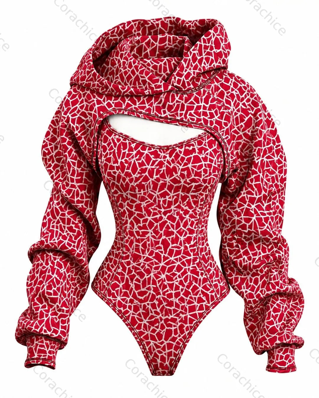 Cardydony Women's Japanese-Style Mesh Print Fitted Hooded Jumpsuit
