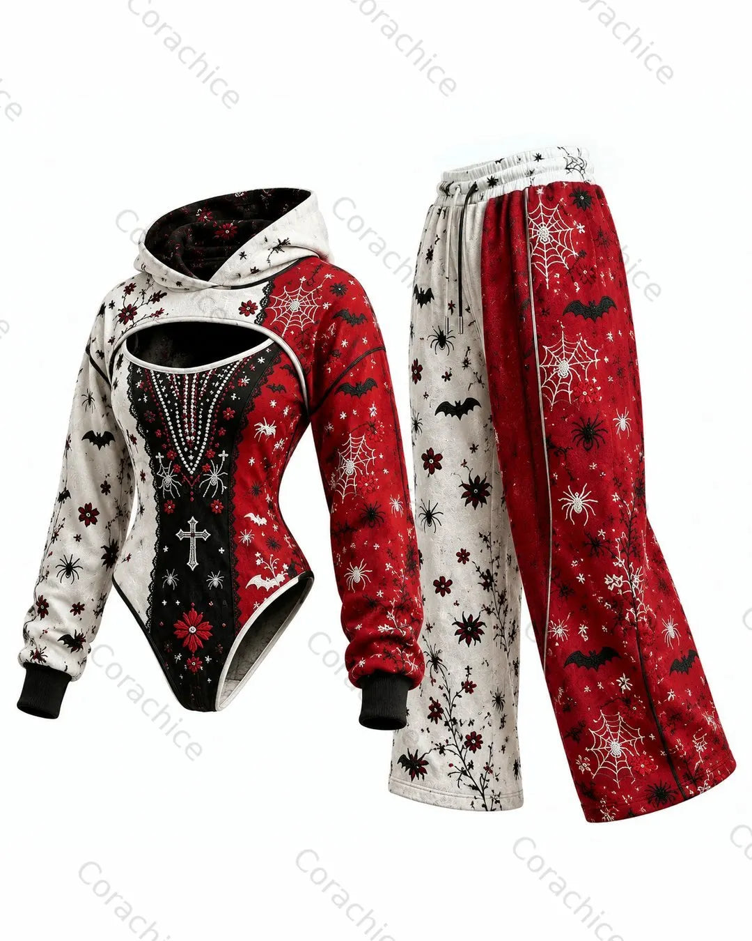 Cardydony Women's Halloween Print Irregular Cut Two-Piece Bodysuit & Pants