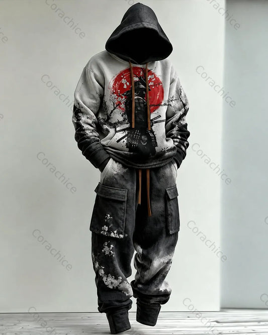Cardydony Men's Fall and Winter Japanese-Style Printed Hoodie & Pants Two-Piece