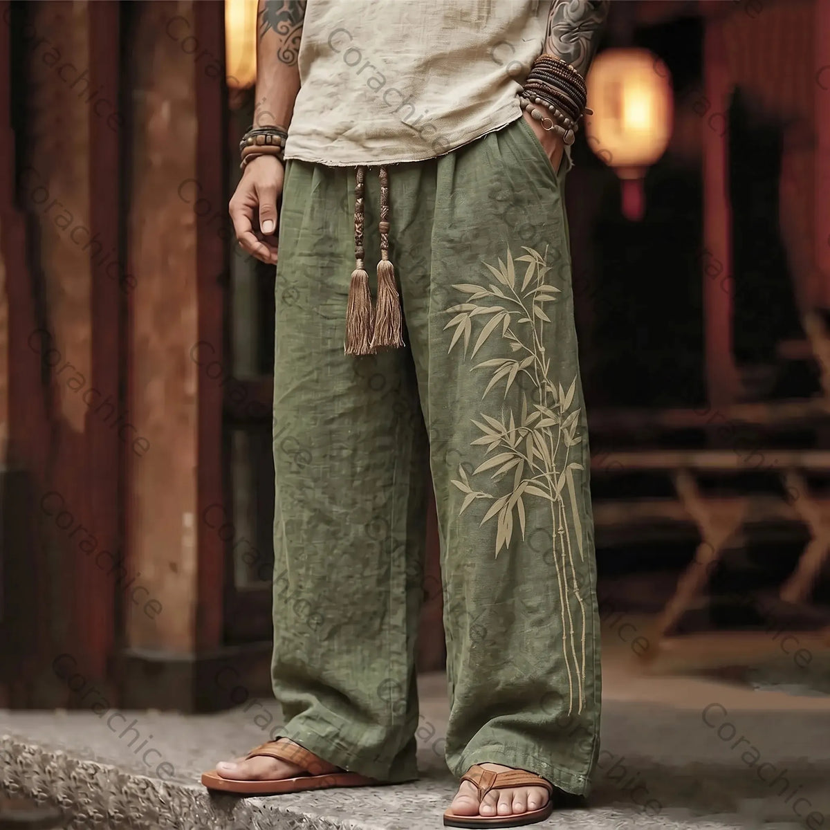 Cardydony Men's Vintage Japanese Bamboo Embroidery Art Linen Blend Pants