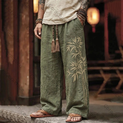 Cardydony Men's Vintage Japanese Bamboo Embroidery Art Linen Blend Pants