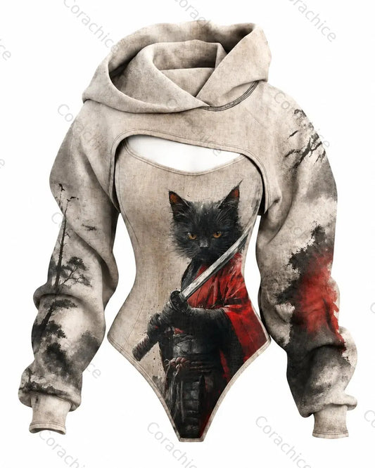 Cardydony Women's Japanese-Style Cat-Print Sleeveless Sports Tank Top and Pants Two-Piece