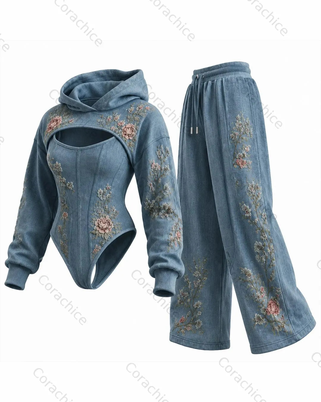 Cardydony Women's Retro Japanese Art Embroidery Irregular Cut Two-Piece Bodysuit & Pants