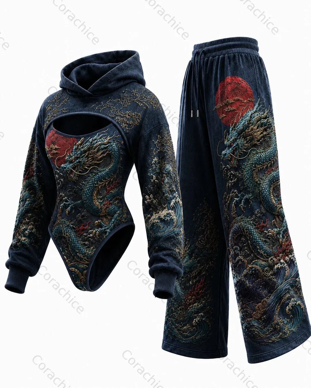 Cardydony Women's Japanese Ukiyo-e print irregular cut two-piece jumpsuit & pants