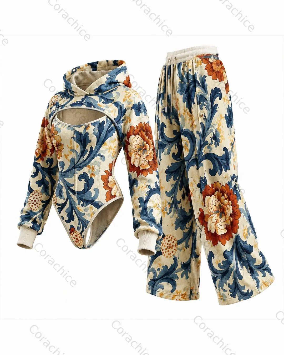 Cardydony Women's Floral Vintage Print Irregular Cut Two-Piece Jumpsuit & Pants