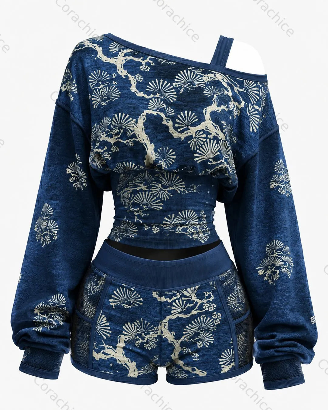 Cardydony Women's Japanese-Style Printed Long-Sleeve Off-the-Shoulder Sweatshirt and Shorts Two-Piece