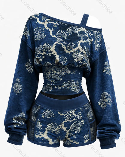 Cardydony Women's Japanese-Style Printed Long-Sleeve Off-the-Shoulder Sweatshirt and Shorts Two-Piece